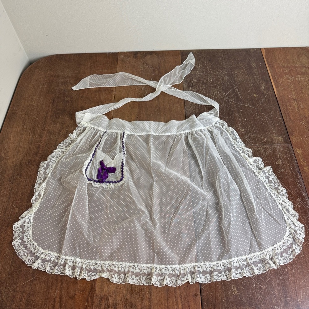 Vintage Sheer White‎ Dotted Half Kitchen Maid Apron Purple Ribbon bow